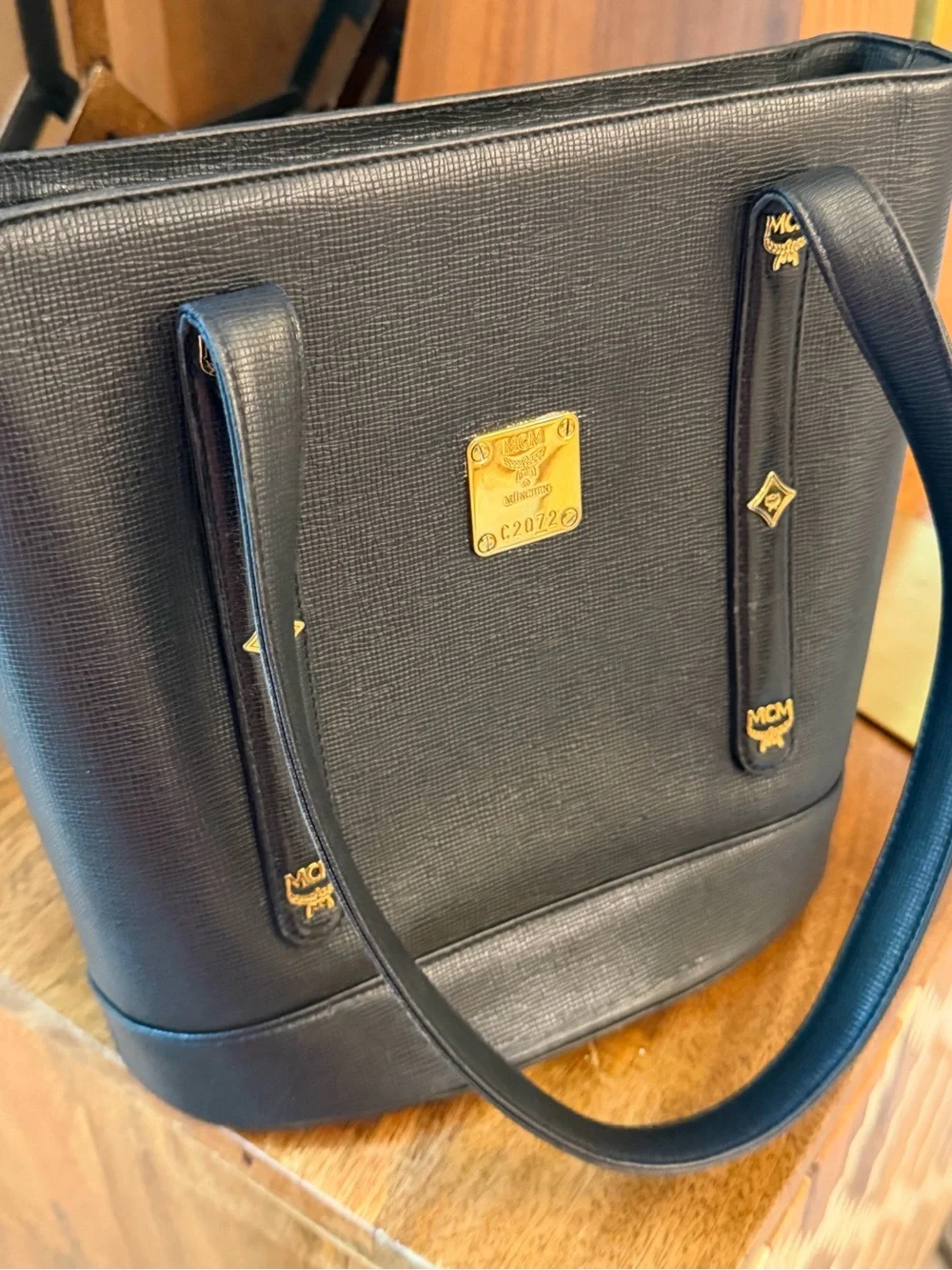 MCM Black Leather satchel zipper Tote with Gold charms + gold Logo Plaque C2072